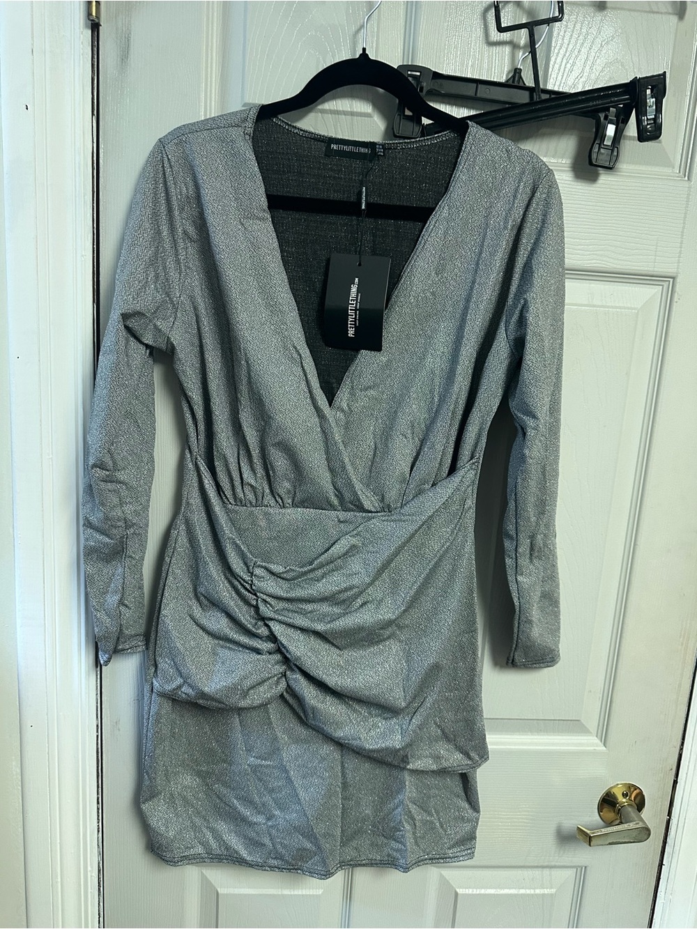 PrettyLittleThing Silver Shimmer Ruched V-Neck Midi Dress